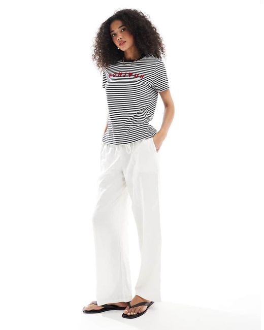 French Connection Gestreept T-Shirt Met Bonjour-Print in het Blue