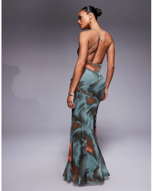 ASOS Blue Mesh Scoop Neck Cross Back Maxi Dress