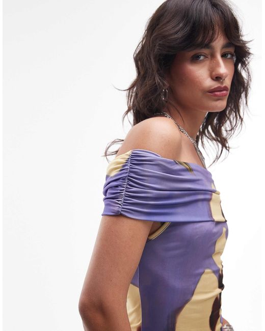 TOPSHOP Purple Floral Print Microfibre Deep Fold Bardot Top