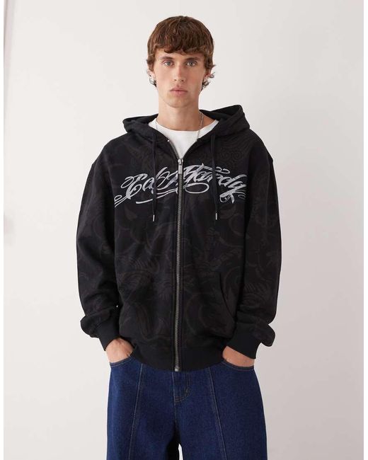 Ed Hardy Black Drag Shadow Graphic Zip Through Hoodie for men