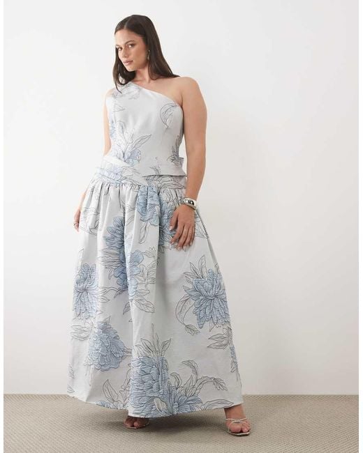 ASOS Blue Curve Jacquard Maxi Dress With One Shoulder Detail