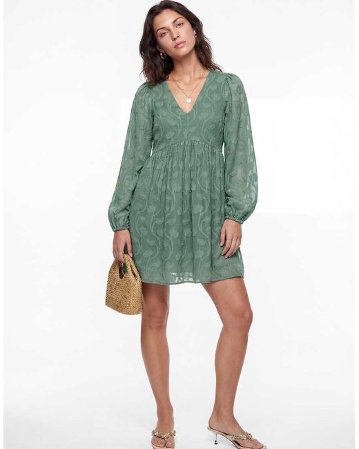 Lovedrobe Green Long Sleeve Floral Burnout Mini Dress