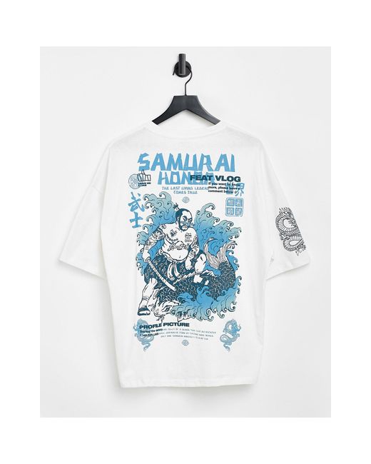 Bershka – T-Shirt mit Samurai-Print hinten in White für Herren