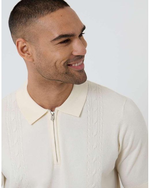 Threadbare White Cable Knit Quarter Zip Polo for men