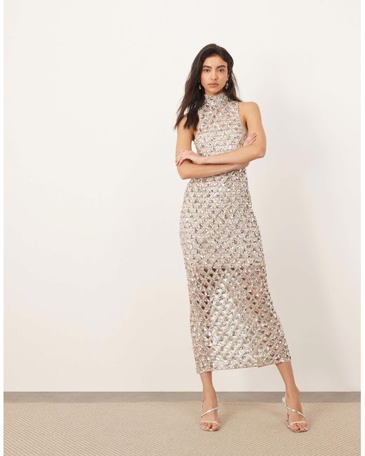 ARRANGE Natural Geo Cut Work Embellished High Neck Column Maxi Dress