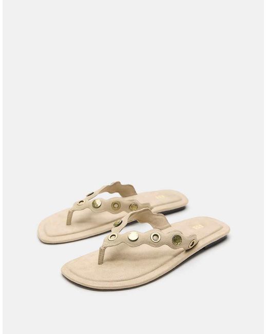 Pull&Bear Natural Flat Studded Leather Sandals