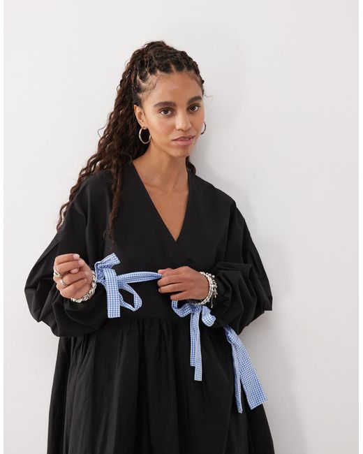 Collusion Black Oversized Wrap Maxi Smock Dress With Contrast Gingham Ties