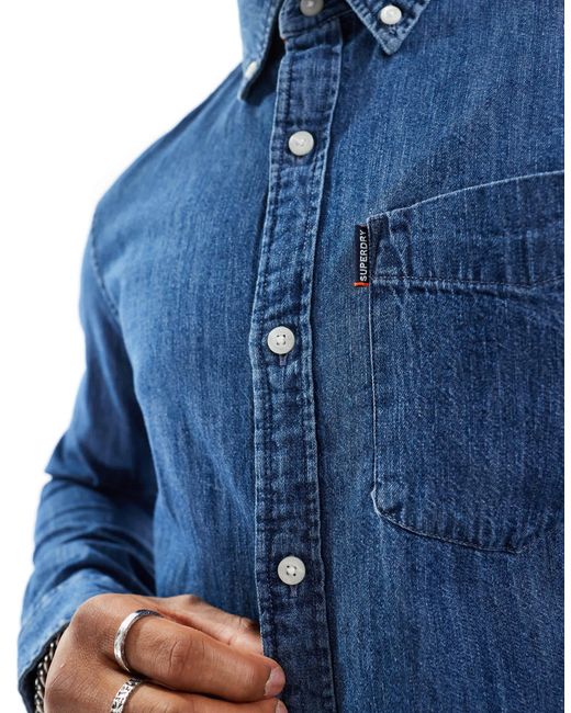 Superdry – essential – langärmliges jeanshemd in Blue für Herren