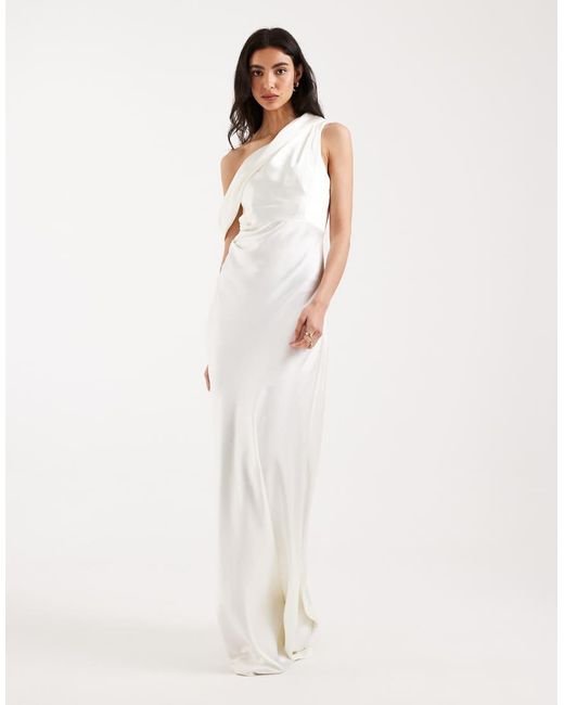 Six Stories White Bridesmaids Satin Draped One Shoulder Maxi Dress