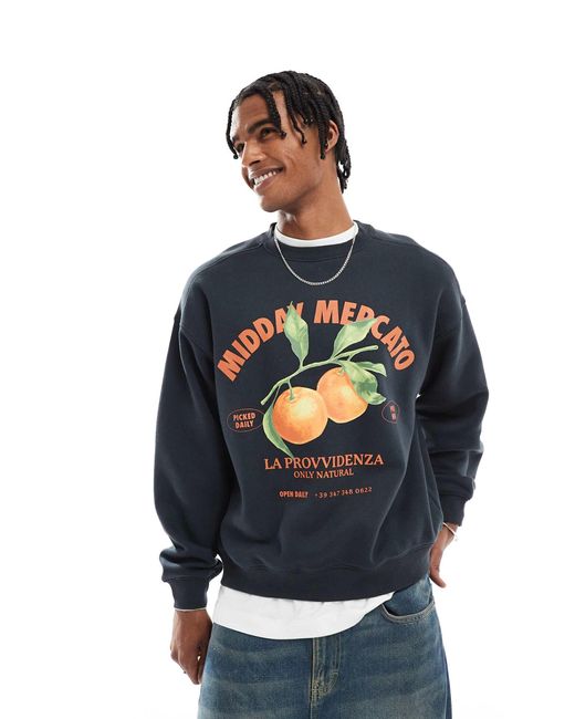 Cotton On Blue Box Fit Crew Fleece Graphic Sweatshirt for men