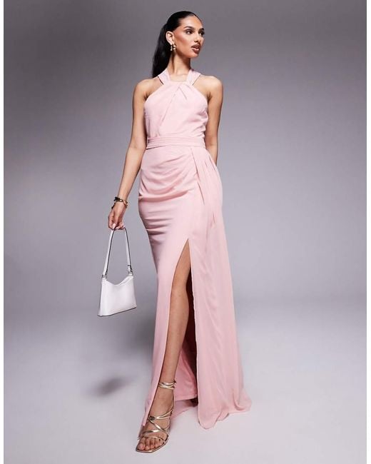 Goddiva Pink Halterneck Thigh Split Chiffon Maxi Dress