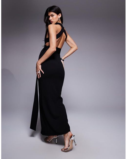 ASOS Blue Halter Maxi Dress With Split And Knot Belt