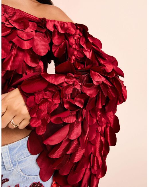 ASOS Red 3d Floral Off Shoulder Ruffle Bandeau Top