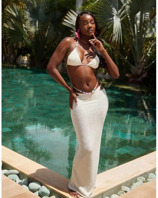South Beach Green Textured Knit Maxi Beach Skirt With Bubblegum Bead Detail