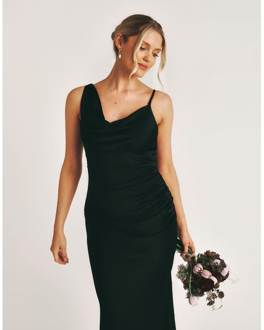 Six Stories Black Bridesmaid Satin Asymmetric Cowl Neck Maxi Dress