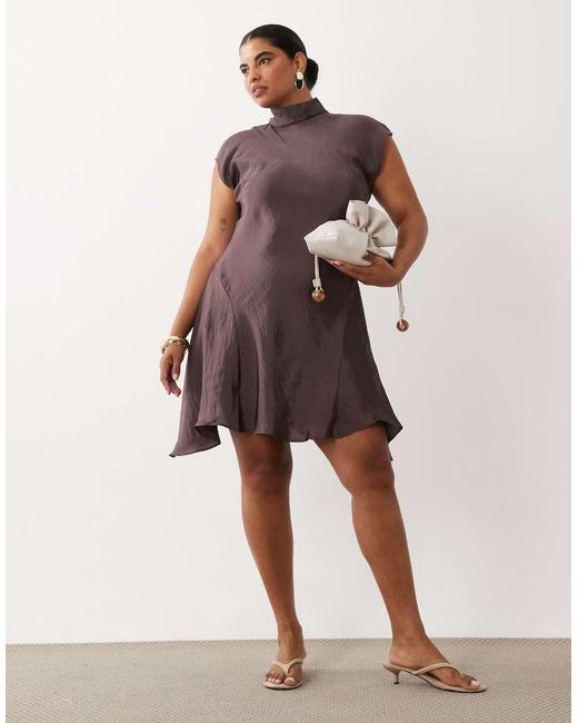ASOS Brown Asos Design Curve High Neck Mini Dress With Hanky Hem