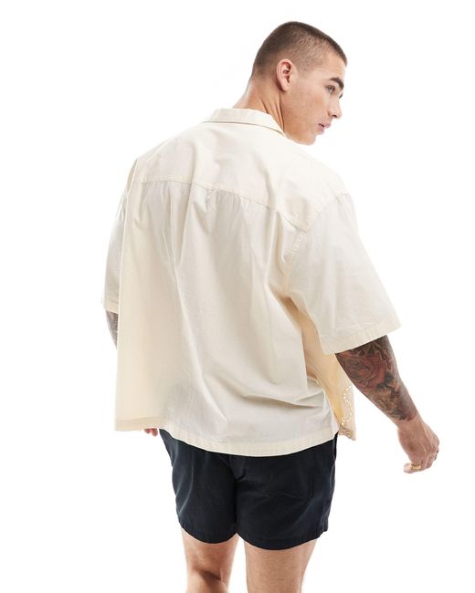 ASOS Natural Short Sleeve Boxy Oversized Camp Collar Shirt With Placement Broderie for men