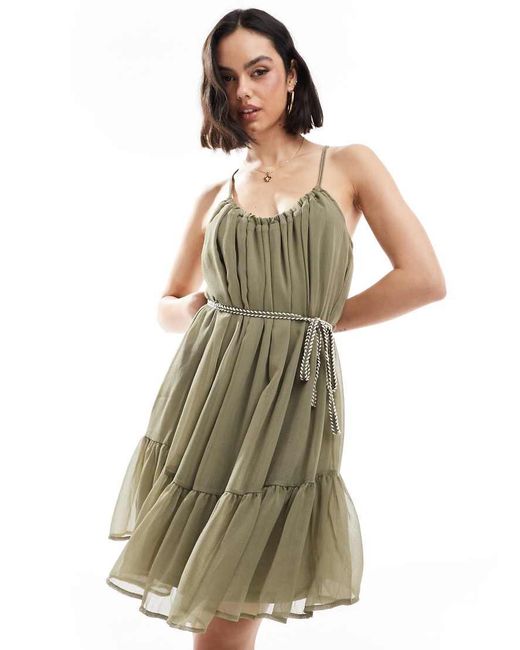 ONLY Green Tiered Cami Mini Dress With Tie Waist Detail