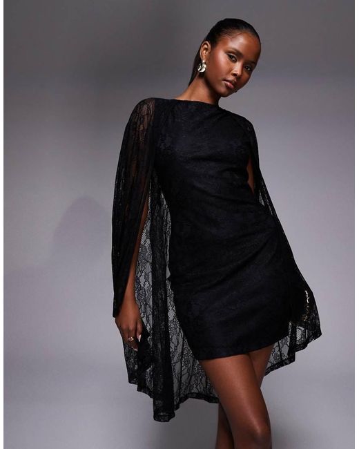 ASOS Blue Overlay Lace Cape Mini Dress With Godet Detail