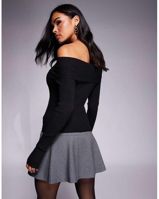 Princess Polly Black Morley Ribbed Knit Bardot Thumb Hole Top