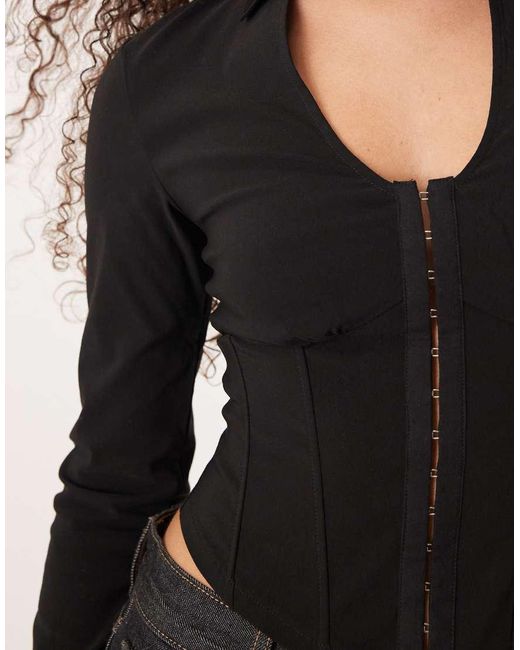 Gina Tricot Black Long Sleeve Hook And Eye Corset Style Top