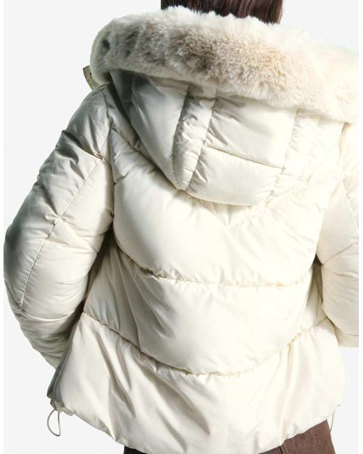 Bershka Natural Puffer Jacket With Faux Fur Hood