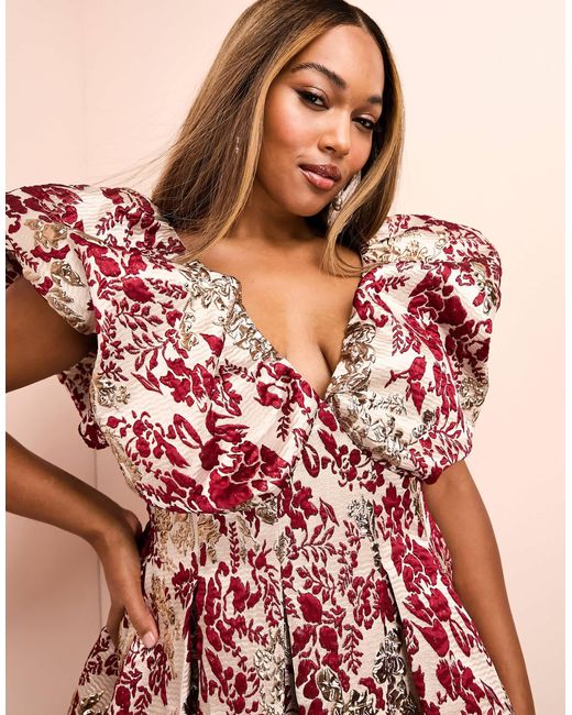 asos luxe floral jacquard bubble plunge dress in pink floral ASOS Curve Floral Jacquard Bubble Plunge Dress in Pink