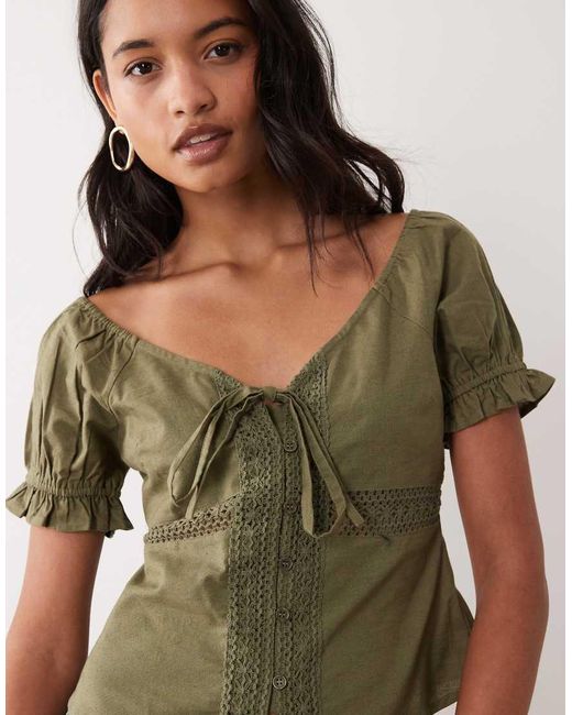 Wednesday's Girl Green Short Sleeve Floaty Lace Detailed Blouse