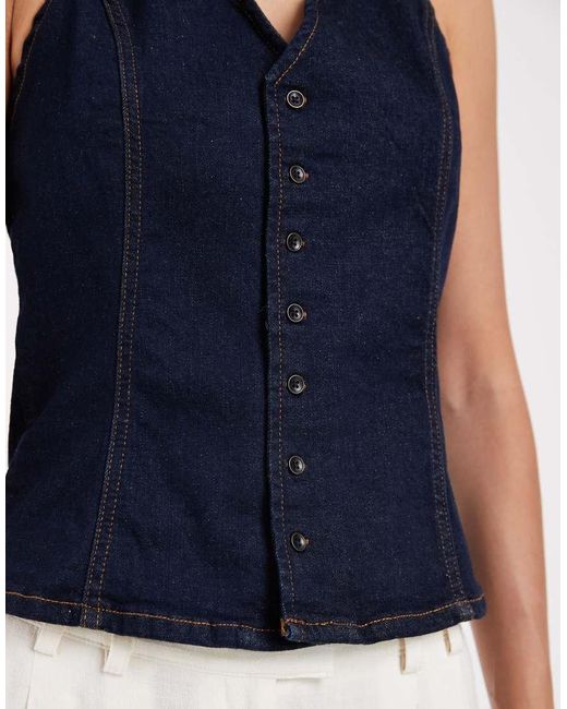 Pieces Blue Halterneck Button Front Denim Top