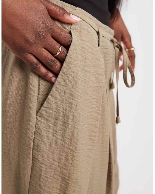 ASOS Natural Textured Wide Leg Trousers With Tie Waist