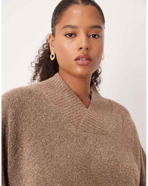 Pretty Lavish Curve Brown High V Neck Textured Knit Cuff Sleeve Jumper Co-ord
