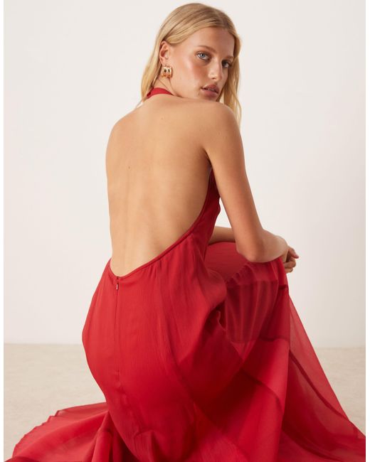 ASOS Red High Neck Chiffon Maxi Dress With Contrast Godet Skirt