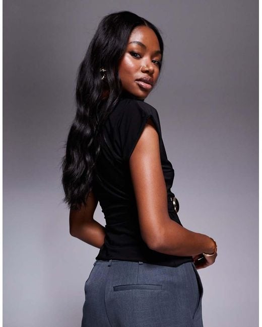 Fashionkilla Black Double Sculpted Slinky Metal Detail Ruched Side T-shirt