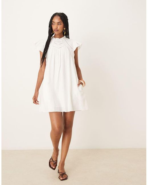 Y.A.S White Ruffle Sleeve Mini Smock Dress With Ladder Stitch Yoke Detail