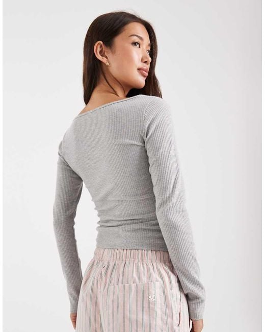Miss Selfridge Geribbelde Top Met Vierkante Hals En Lange Mouwen in het Gray