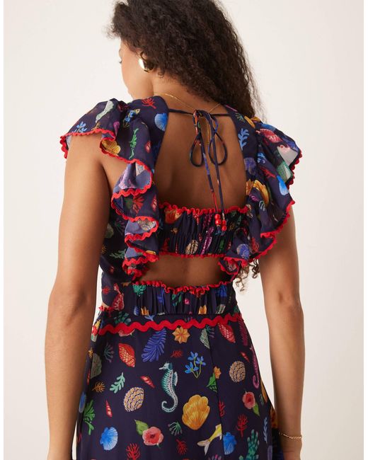 Hope & Ivy Blue Ruffle Sleeve Tie Back Cropped Top Co-Ord
