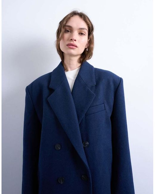 TOPSHOP Blue Oversized Double Breasted Mensy Overcoat With Wool