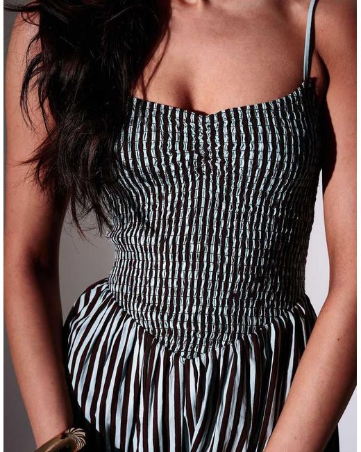 South Beach Blue Striped Smocked Bodice Midi Dress