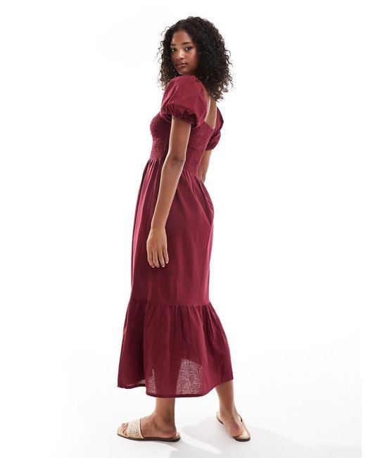 midi beach dress with sleeves Zapaka Women Burgundy Midi Summer Dress Flutter Sleeve V-Neck Casual Dress   ZAPAKA