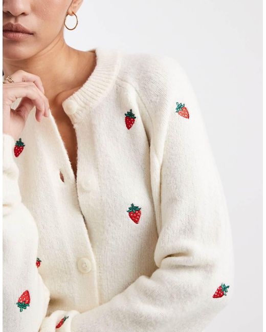 Threadbare Natural Contrast Stitch Cardigan With All Over Strawberry Embroidery