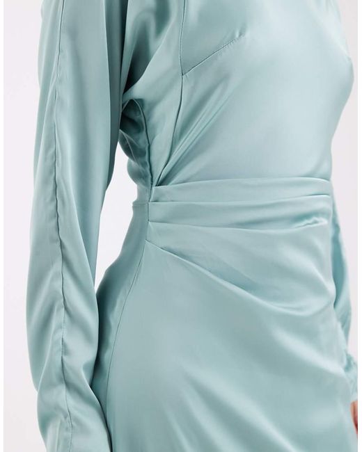 TFNC London Blue Bridesmaids Long Sleeve Satin Maxi Dress