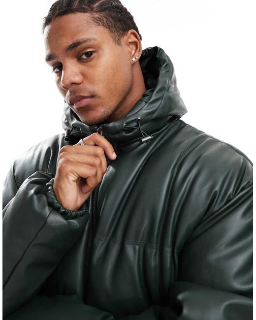 Faux leather puffer jacket with hood sale