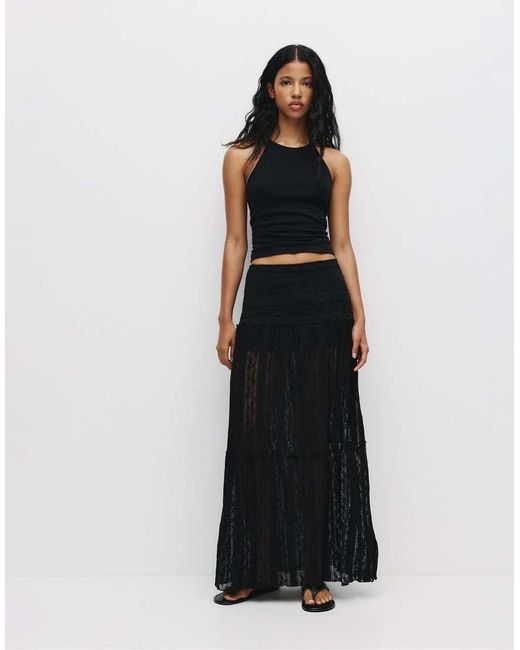Pull&Bear Midi Rok Met Panden in het Black