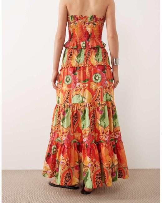ASOS Orange Smocked Waist Tiered Maxi Skirt
