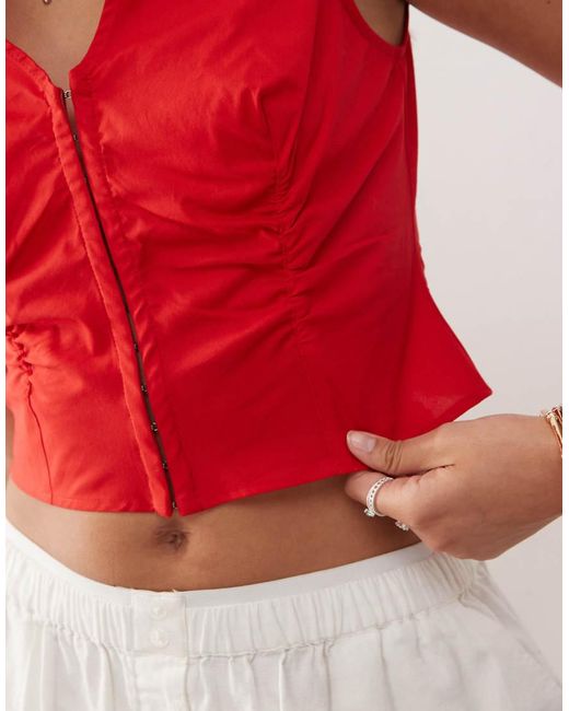 Collusion Red Plunge Cap Sleeve Top With Hook And Eye Detail