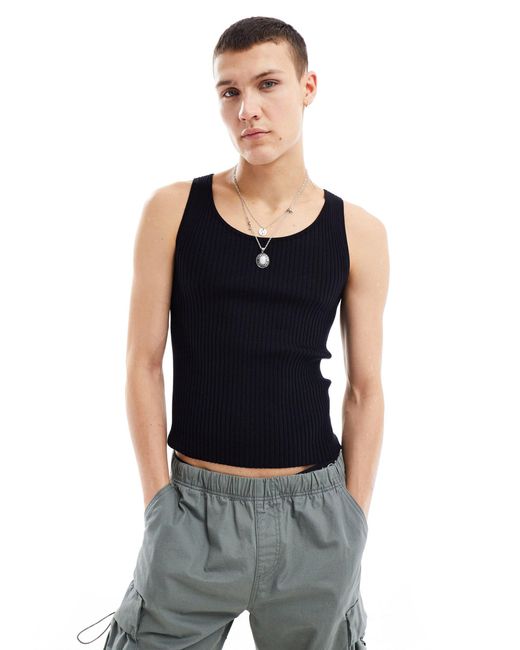 Collusion Black Ribbed Knitted Singlet for men