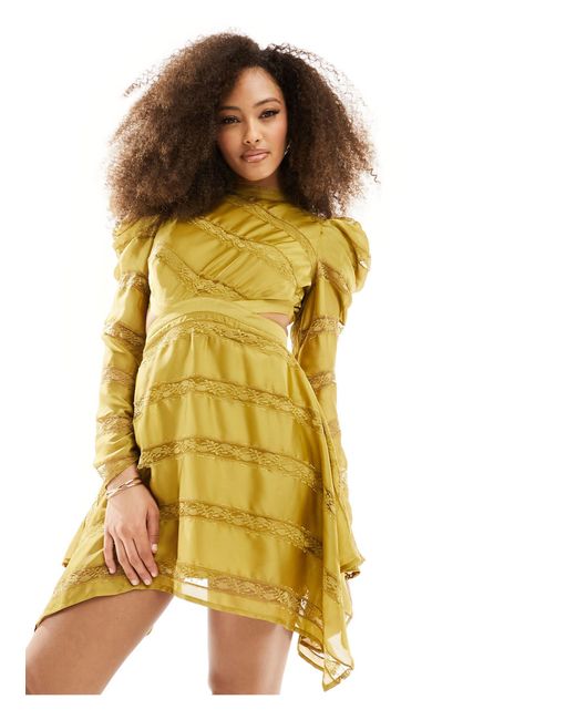 ASOS Yellow High Neck Cut Out Mini Dress With Lace Inserts