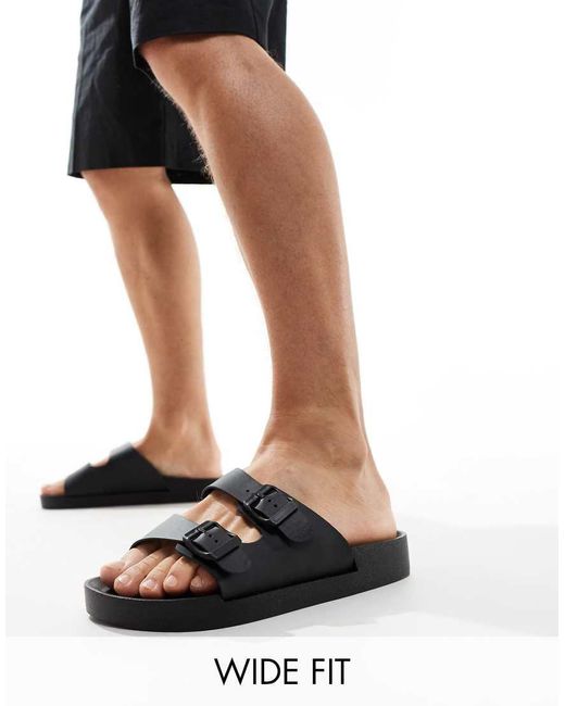 London Rebel Black Wide Fit Jelly Buckle Sliders for men