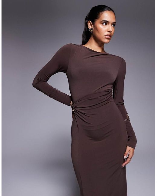 ASOS Purple Long Sleeve Twist Hardwear Detail Midi Dress