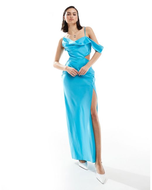 ASOS Blue Satin Asymmetric Shoulder Maxi Dress With Cut Out Detail
